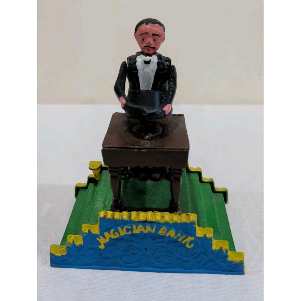 Vintage Cast Iron Mechanical Reproduction Bank - Magician Bank - Working